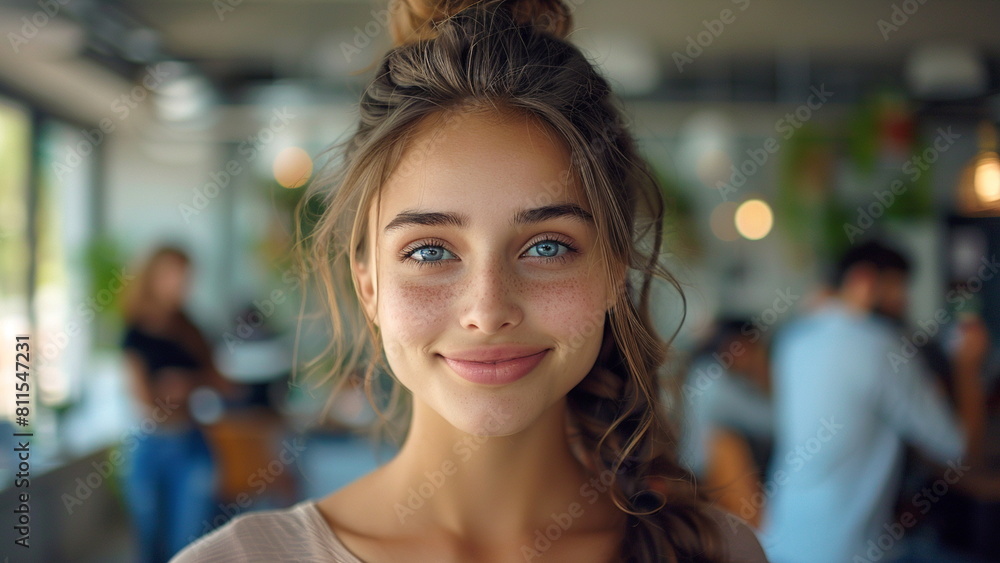 beautiful smiling girl standing in office looking at camera beautiful smiling girl standing in office looking at camera