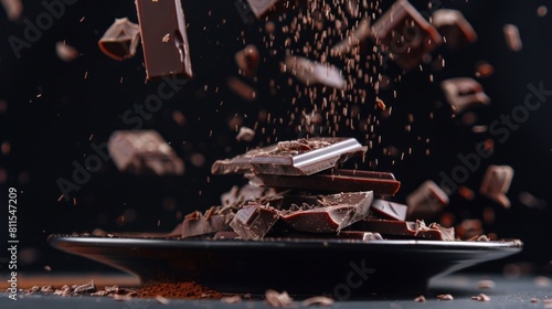 portrait of grated dark chocolate falling on chocolate pieces on black ceramic plate. AI generated photo