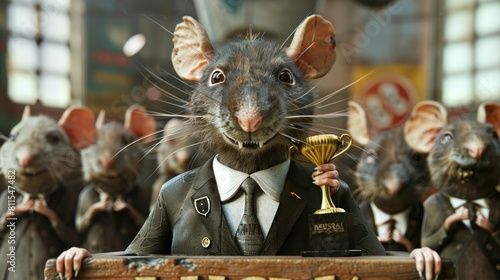 Rat wears a neat suit and tie while working in the office, an illustration of a corrupt government