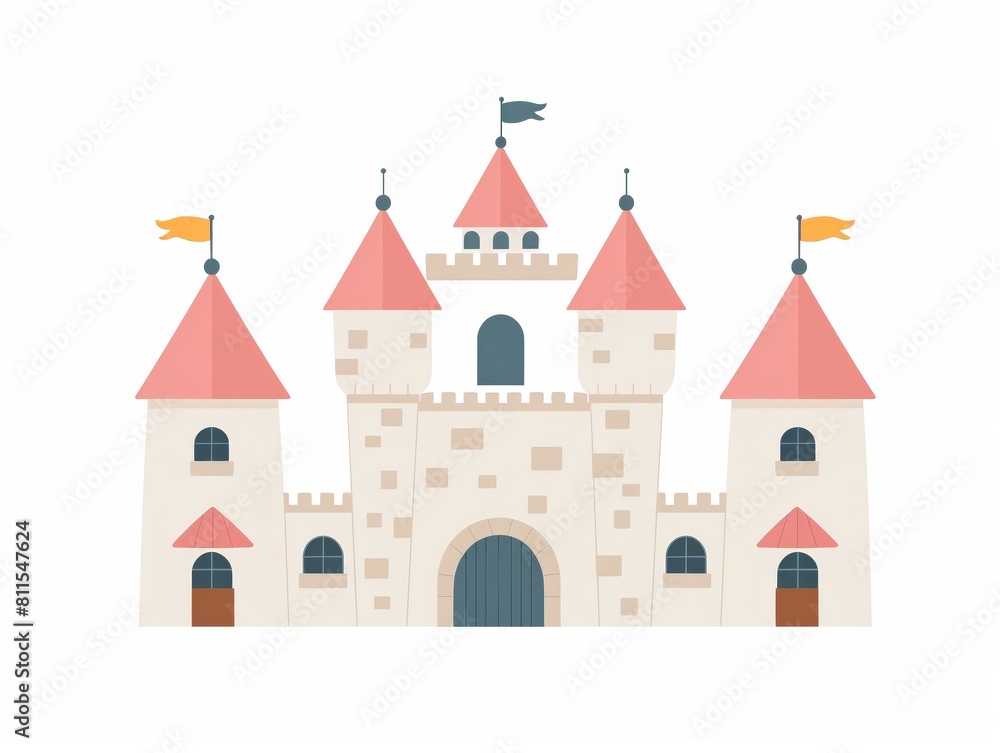 A simple and modern illustration of a fairytale castle with pink turrets and flying banners, capturing a sense of whimsy and imagination.
