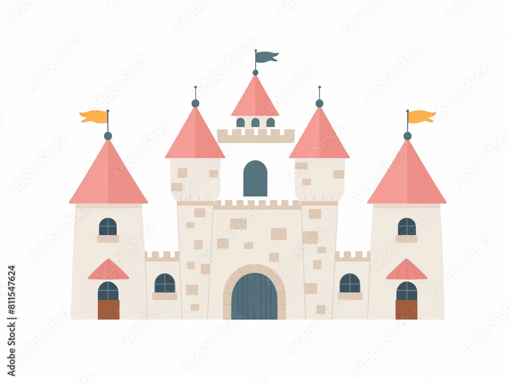 A simple and modern illustration of a fairytale castle with pink turrets and flying banners, capturing a sense of whimsy and imagination. A simple and modern illustration of a fairytale castle with pink turrets and flying banners, capturing a sense of whimsy and imagination.