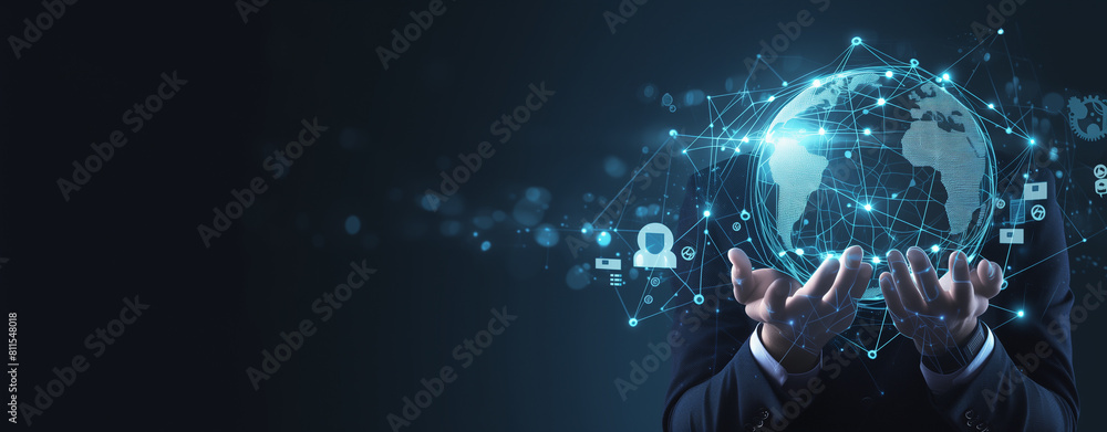 businessman holding digital earth with global network businessman holding digital earth with global network