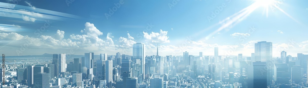 digital visualization of a cityscape with time dilation residences, featuring a towering skyscraper, a bustling street, and a serene river flowing through the center