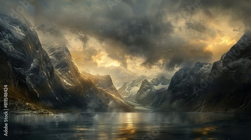 The Norwegian fjords, captured in the style of Turner's Romanticism, art style. copy space for text. photo