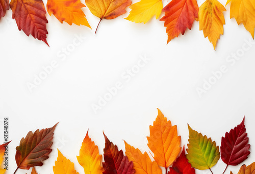 An autumn background made of colorful autumn leaves on a white background with copy space