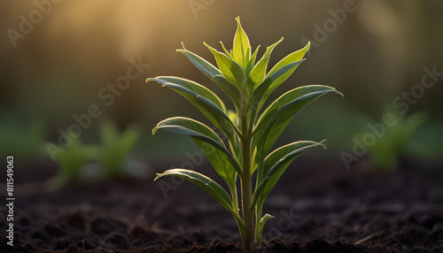 The soft glow of the morning light caresses the  a young plant, close up. Generative AI photo
