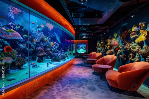 A bio-engineered aquarium lounge with genetically-modified marine life and interactive exhibits.