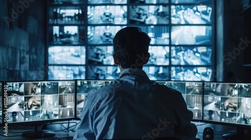 Man working in surveillance room and looking at monitors