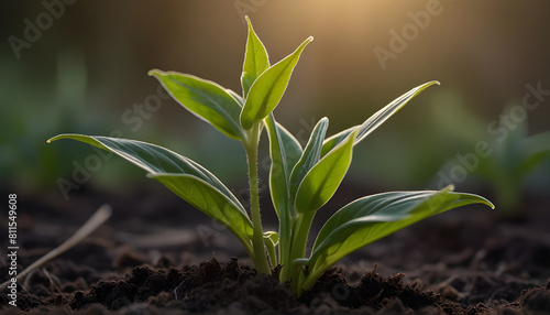 The soft glow of the morning light caresses the  a young plant  close up. Generative AI