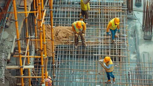 A top-down view of construction workers carefully placing reinforcement bars on a construction site, showcasing teamwork and precision.