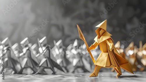 Valiant Gold Origami Knight Leading a Squadron of Silver Counterparts in an Abstract Realm Generative ai photo