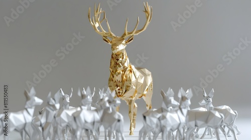 Majestic Gold Origami Stag Guides Herd of Silver Deer with Confidence Generative ai