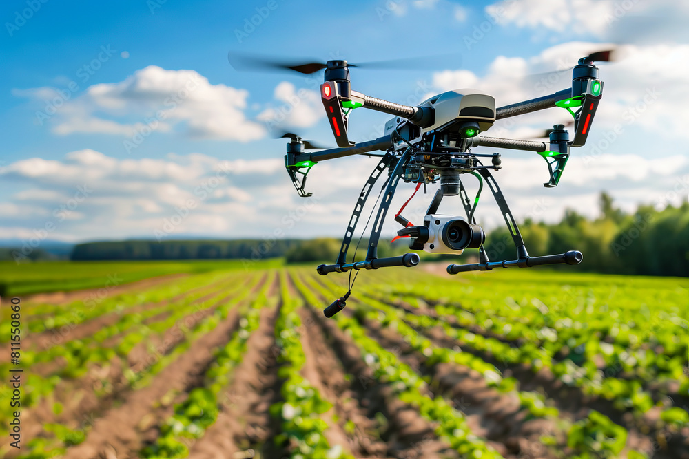 A drone flying over a field. A drone flying over a field.