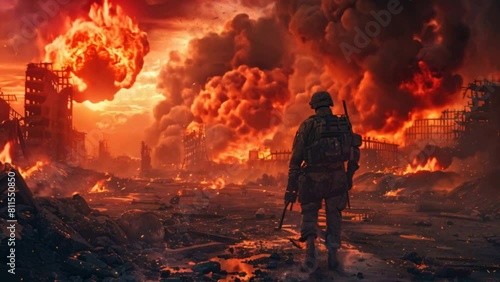 As a soldier with a machine gun stands in the ruins of a burned-out city looking at a nuclear explosion after a bombing photo