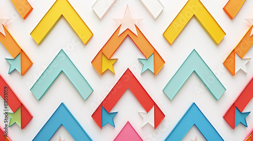 Artistic composition showcasing dynamic movement of multicolor chevron pattern on white, with star-shaped chevrons.