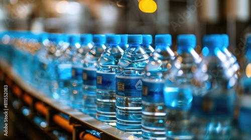 Motion blurred fast moving water bottles at Mineral water Factory production line at finishing line in a row moving queuing for labelling packing photo