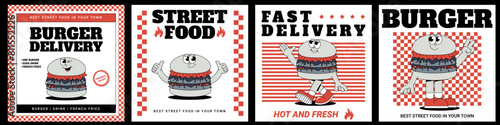 Funky burger card set in retro groovy style. Trendy illustration. Cool maskot for cafe, bar, restaurant. Vector illustration