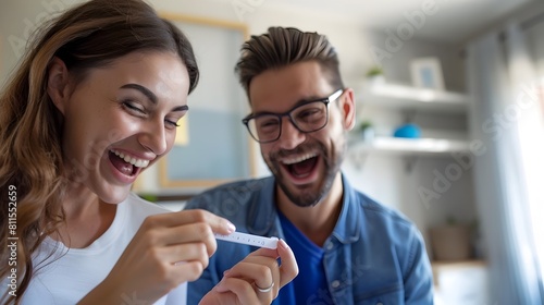 Overjoyed Couple Celebrates Positive Pregnancy Test in Warm Natural Daylight Setting Generative ai