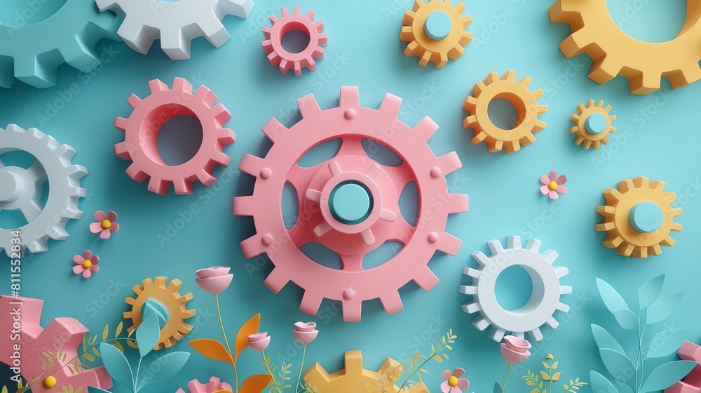 3D illustration of colorful gears on blue background. 3D illustration of colorful gears on blue background.