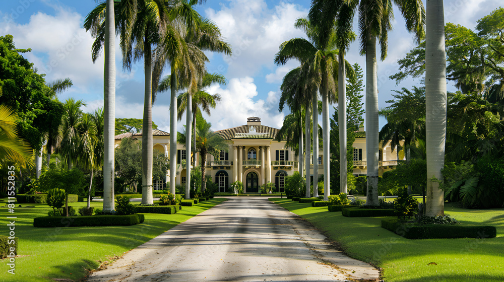 Luxurious mansion with palm trees in Miami Beach,Mansion entrance in a tropical location, Classic architecture style home in the historic coastal gulf residential district of Old Naples

