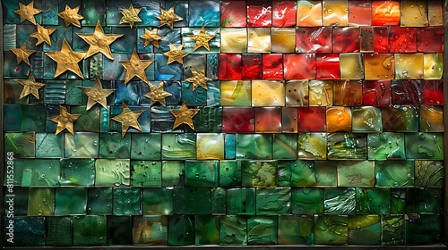 The US flag as an artistic installation made from repurposed green glass and sustainable wood, reflecting a commitment to environmental art.