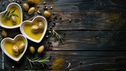 Healthy Diet Product Olive Oil in Heart Shaped Bowls with Green Olives Rosemary and Black Pepper on Dark Wooden Background