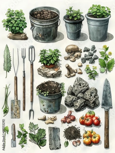 Gardening tools and plants illustration. photo