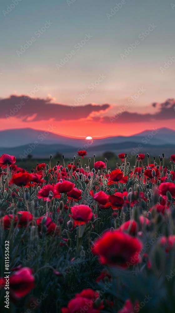 A field of red poppies at sunset.