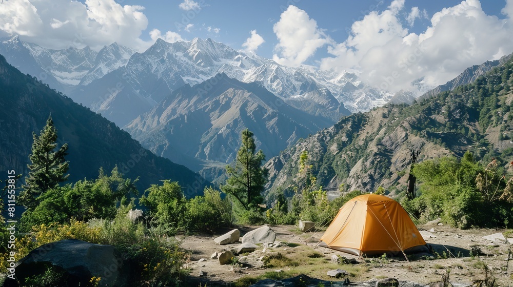 A tent is set up in the mountains. A tent is set up in the mountains.