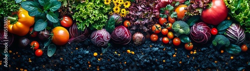 The photo shows a variety of fruits and vegetables, including tomatoes, peppers, onions, and leafy greens photo
