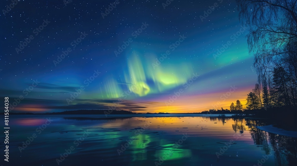 Northern lights aurora borealis in the night sky over beautiful lake landscape, soft light photography