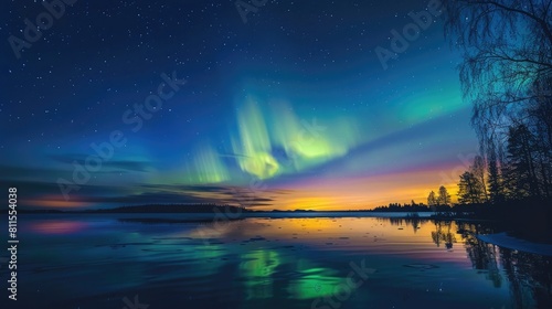 Northern lights aurora borealis in the night sky over beautiful lake landscape  soft light photography
