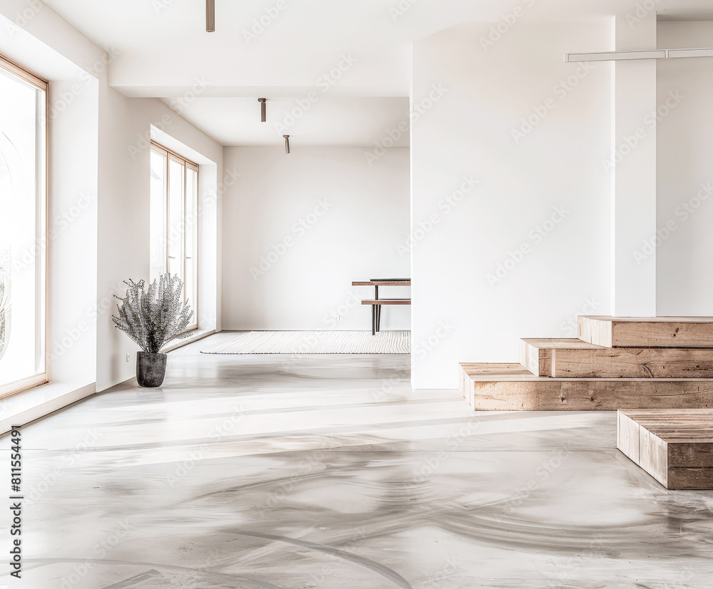 Fototapeta premium Minimalist interiors design in Scandinavian style with minimal decor and copyspace