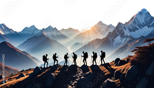 asia sunlight hiking lp silhouette other mountains each group mountain climbing helping help people team teamwork adventure friends leader climb sunset together hand concept nature cliff young photo