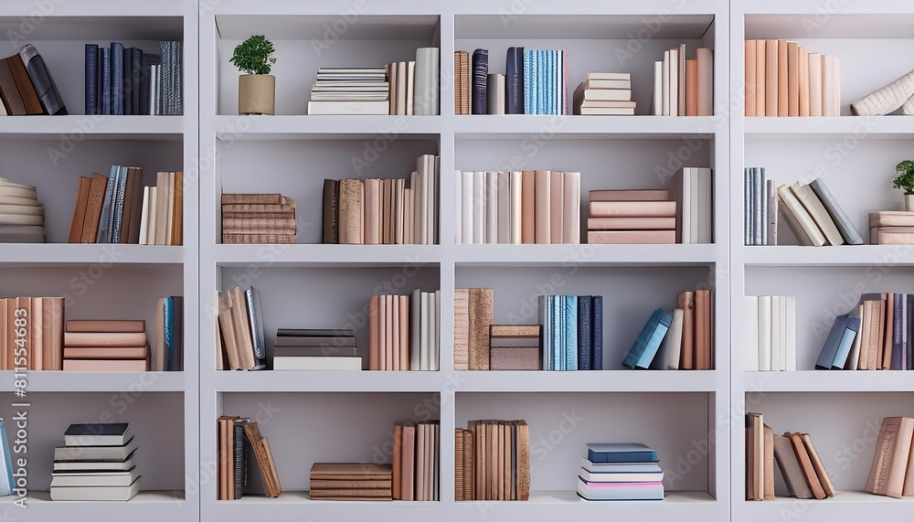 a 3D background of a bookshelf with various book sizes and colors.