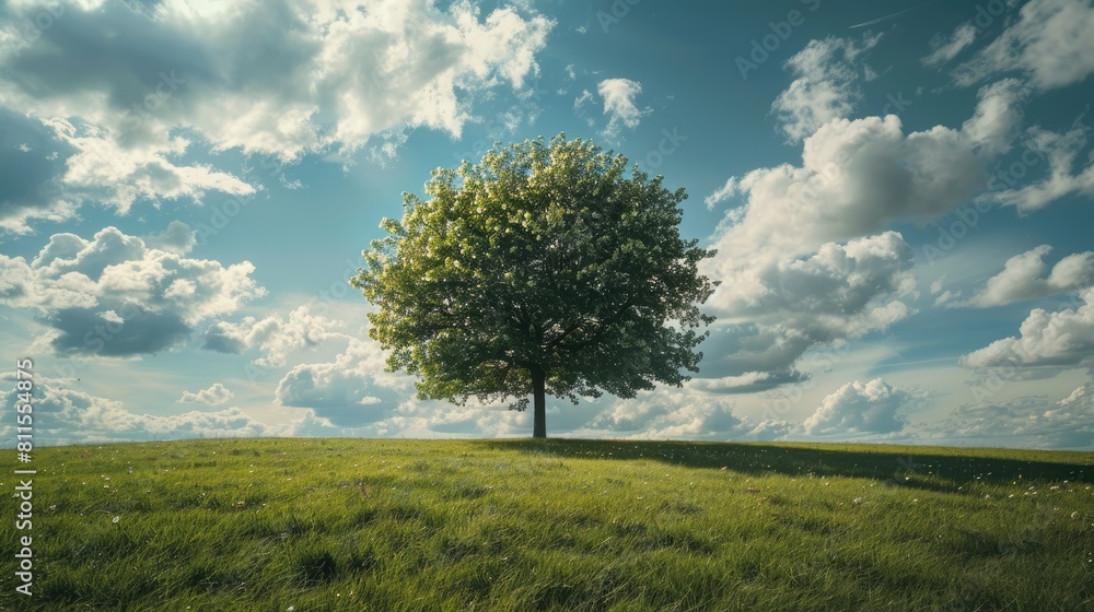 Green tree in the middle of a grassy field under the daytime sky with clouds Green tree in the middle of a grassy field under the daytime sky with clouds