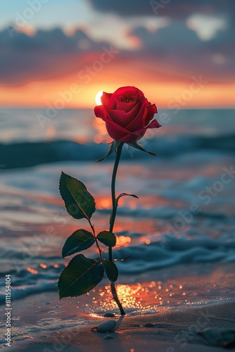 A single red rose is on the beach at sunset.