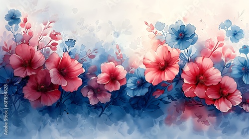 Fototapeta Naklejka Na Ścianę i Meble -  The US flag depicted as a blooming watercolor garden, with red and blue flowers blending into white petals, representing the stripes and stars artistically.