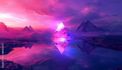 Futuristic landscape with triangle portal