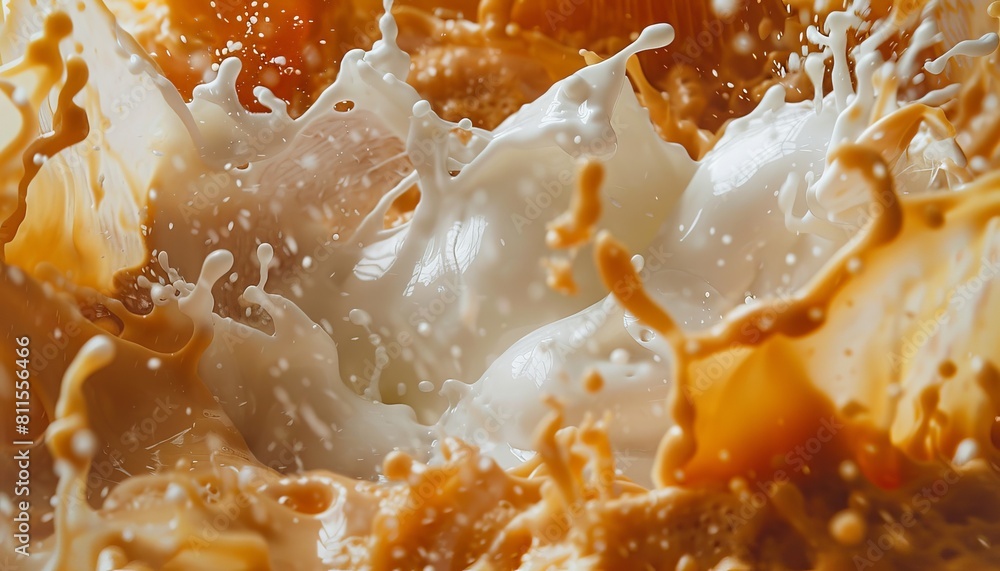 Surreal slow motion shot of pumpkin spice mixing with milk, framed with significant negative space for creative ad layouts Surreal slow motion shot of pumpkin spice mixing with milk, framed with significant negative space for creative ad layouts