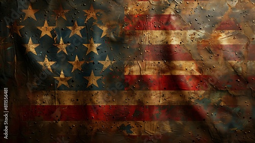 The US flag depicted as an aged tapestry hanging on a barn wall, with faded colors and worn texture. photo