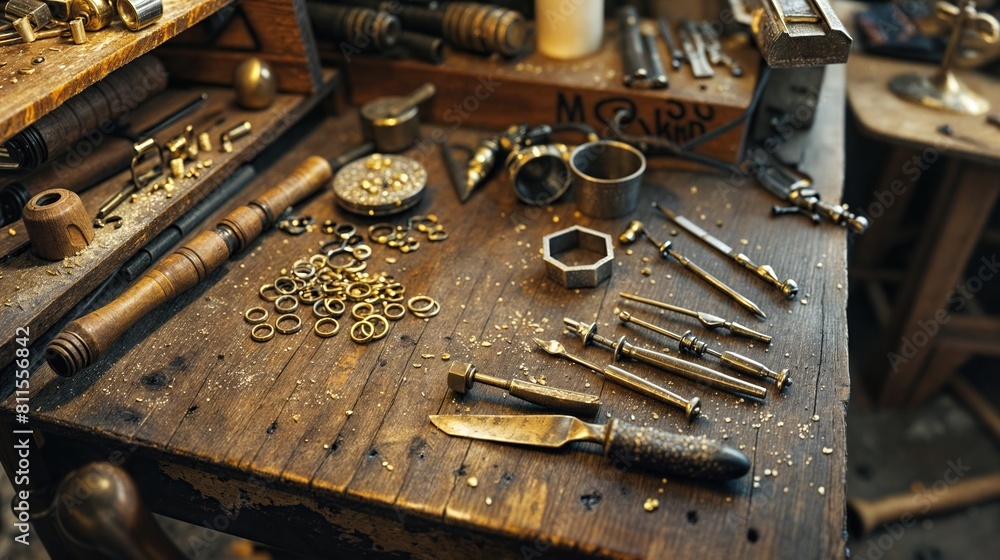 Assorted goldsmith tools on a rustic wooden workbench Assorted goldsmith tools on a rustic wooden workbench