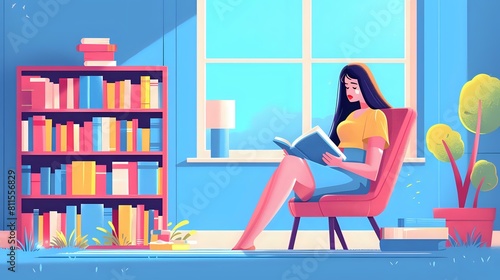 Calm woman finding joy in reading surrounded by books