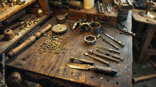 Assorted goldsmith tools on a rustic wooden workbench
