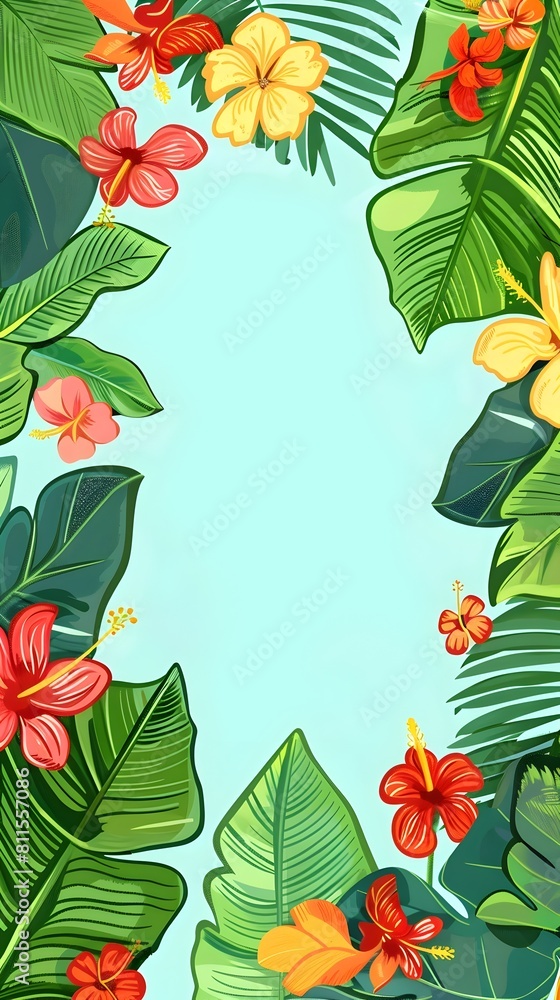 Fototapeta premium Vibrant Tropical Floral Frame with Lush Jungle Leaves and Exotic Blooms