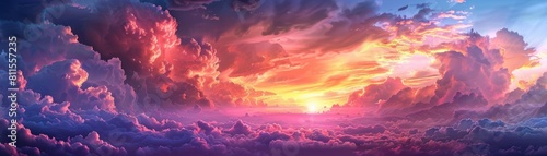 A dramatic skyscape featuring an assortment of fluffy clouds during a vibrant sunset, with pink and orange hues