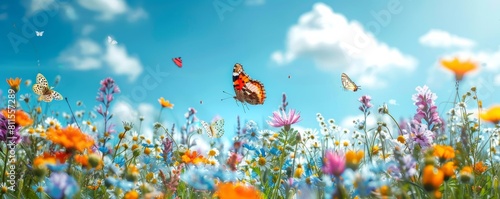 A serene meadow filled with various types of flowers under a clear blue sky, butterflies fluttering around