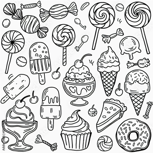 Sweets and candies set in sketch style 