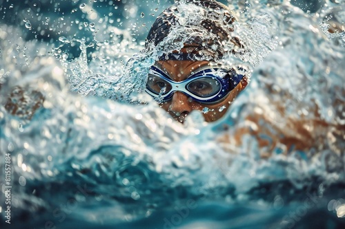 Dramatic close-up of a competitive swimmer's intense focus and determination as they cut through the water during a high-speed race.