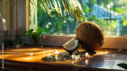 A coconut sits on a window sill with sunlight shining through. photo
